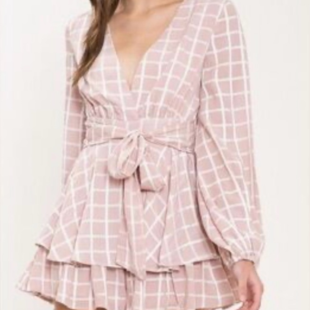 L’Atiste Plaid Long Sleeve romper Belt tie small S mauve / dusty pink & white